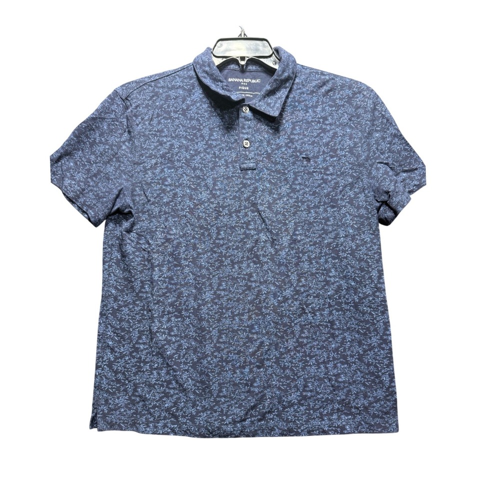 Banana Republic Floral Pique Polo Men M Navy Blue Short Sleeve